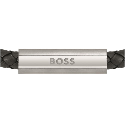Boss Braided Black Leather Bracelet